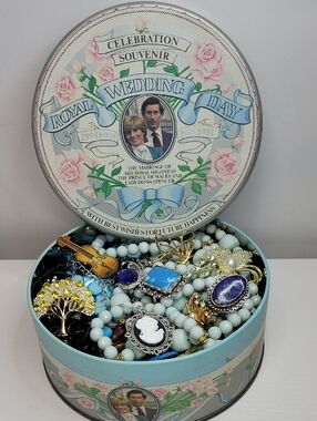Vintage Royal Wedding Tin Filled With Mix Jewelry